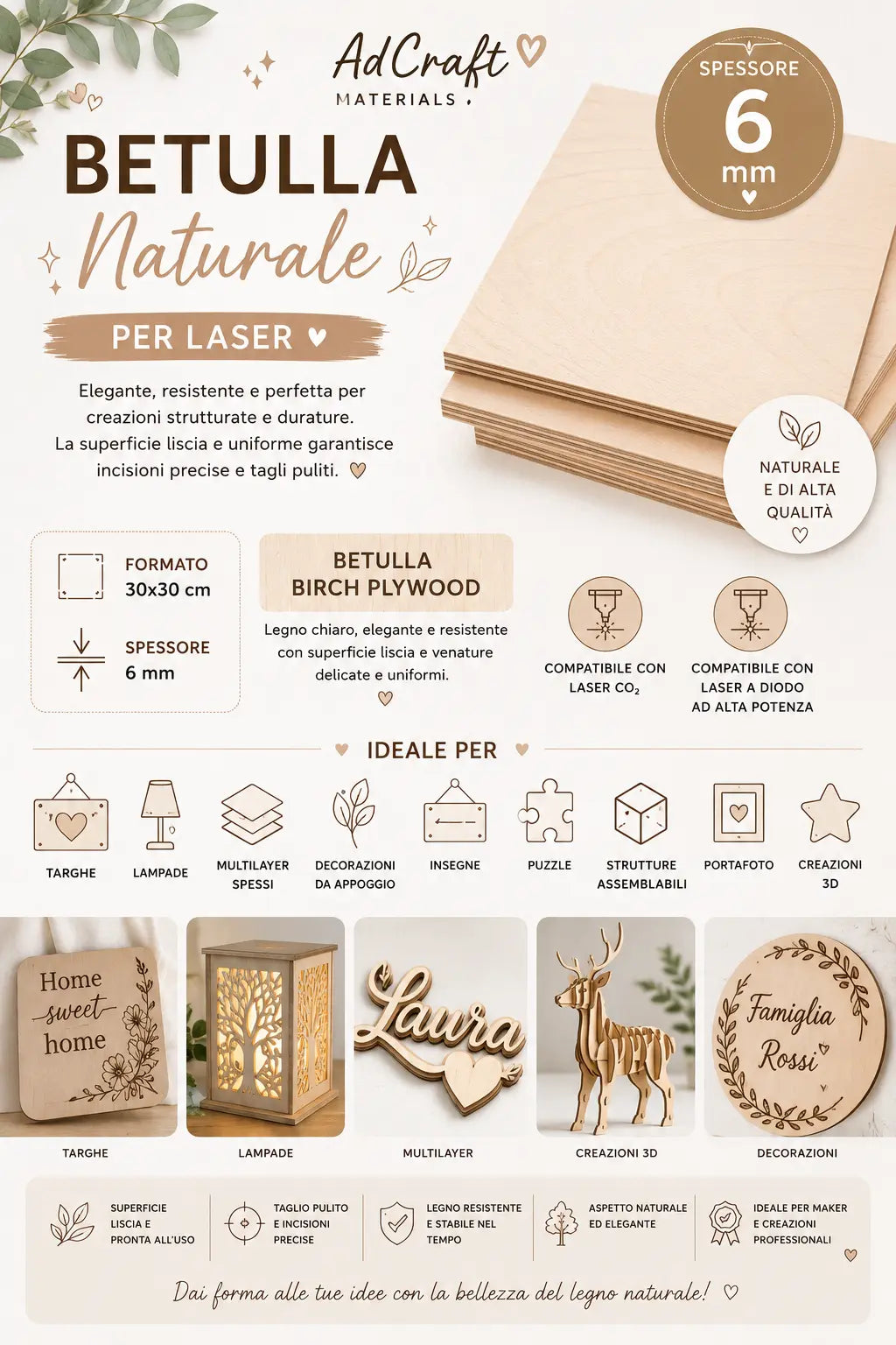 🌿 Betulla Naturale per Laser – 30x30 cm | Spessore 6 mm AdCraft Materials