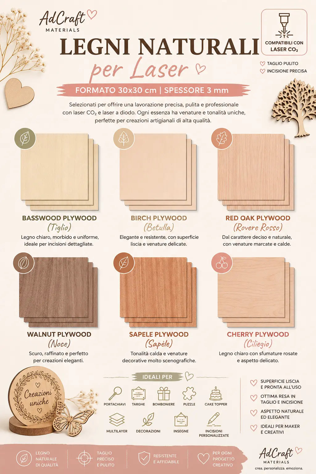 🌿 Legni Naturali per Laser – 30x30 cm | Spessore 3 mm AdCraft Materials