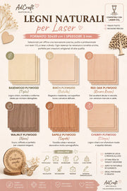 🌿 Legni Naturali per Laser – 30x30 cm | Spessore 3 mm AdCraft Materials
